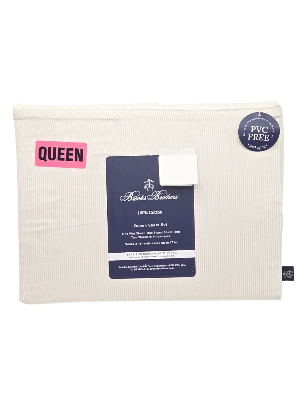 Brooks Brothers Striped Cotton Queen Sheet Set of 4pc White‎ Taupe